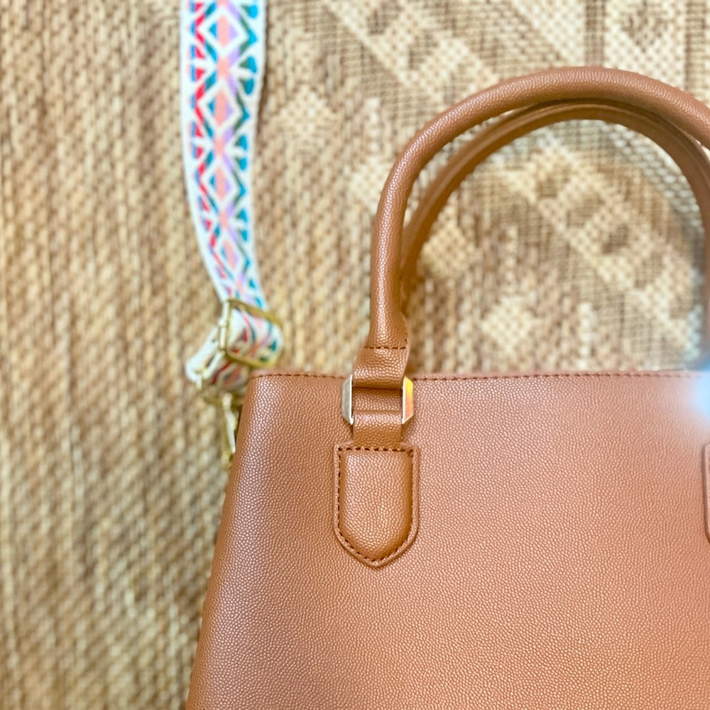 Small Faux Leather Crossbody | Guitar Strap | Cognac w/ Gold Details | EUC